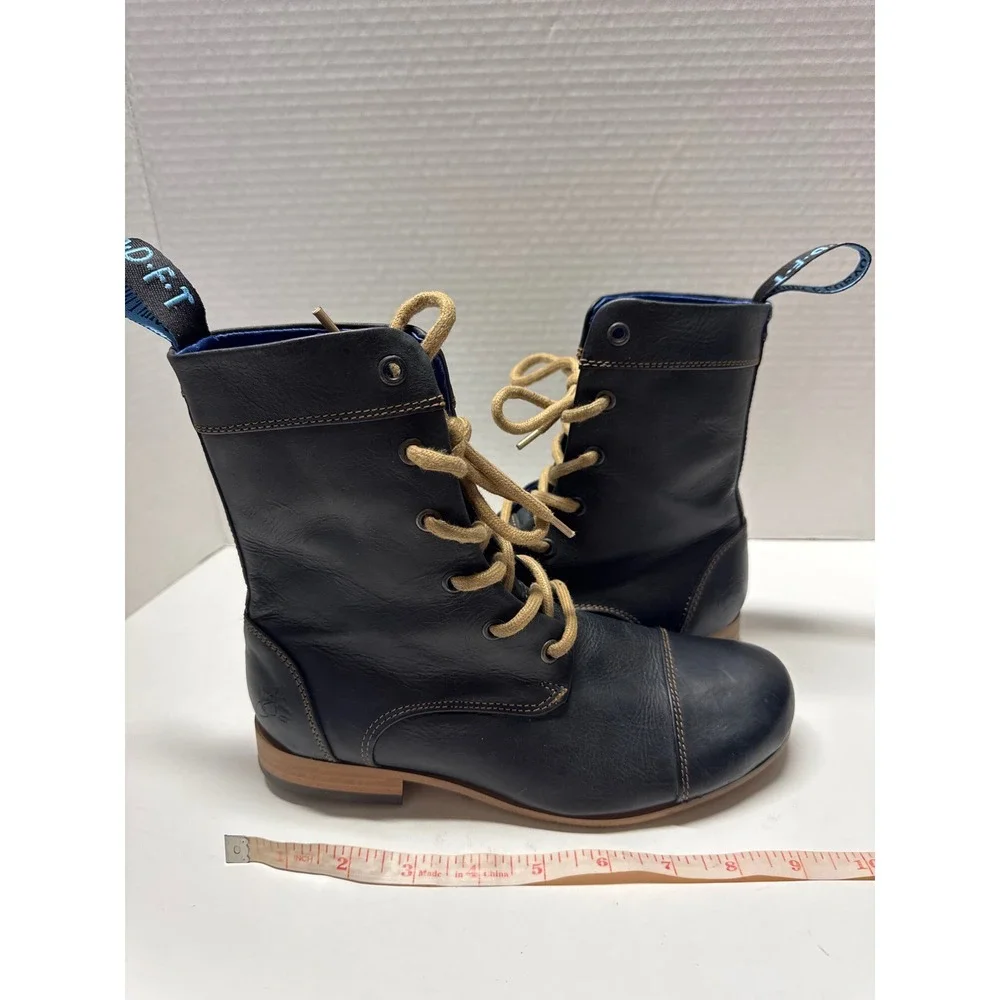 John Fluevog Radio CBC Black Leather Lace Up Cap Toe Boots Blue Lining‎ Mens 7